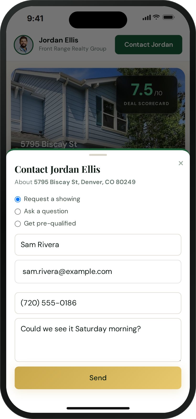 A shared deal page with the agent's contact form open: request a showing, ask a question or get pre-qualified