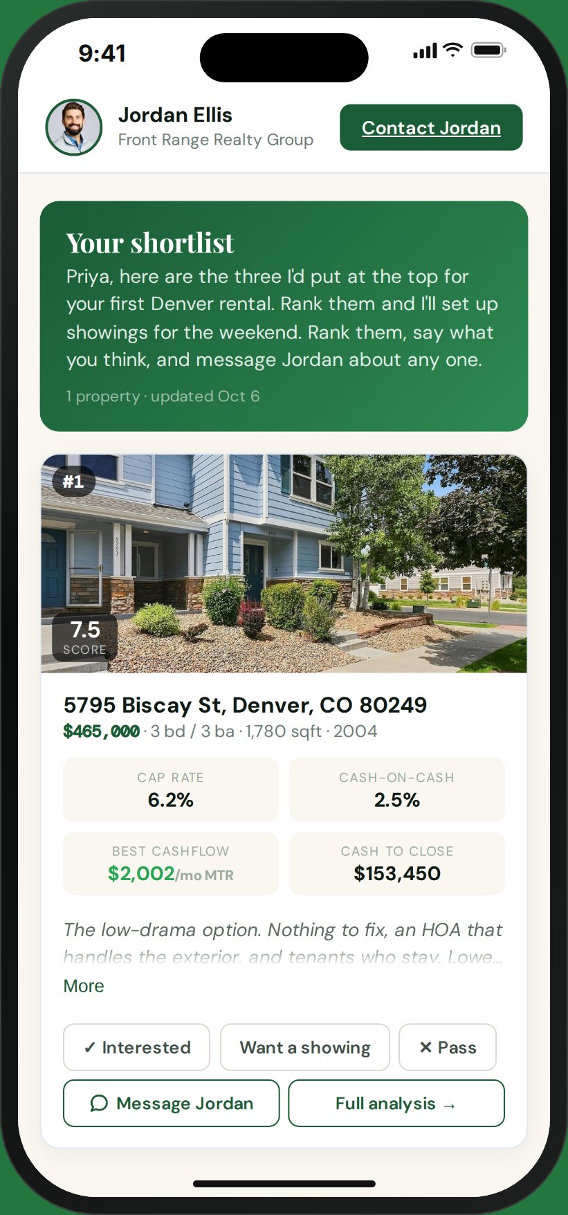 A client's portal with the agent's headshot and brokerage, a note, and a ranked shortlist with each property's score and cash flow