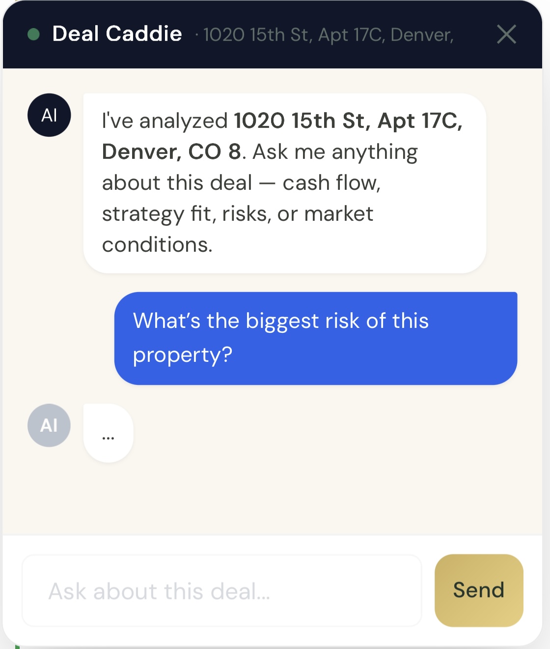 Ask Your Caddie chatbot answering deal-specific questions