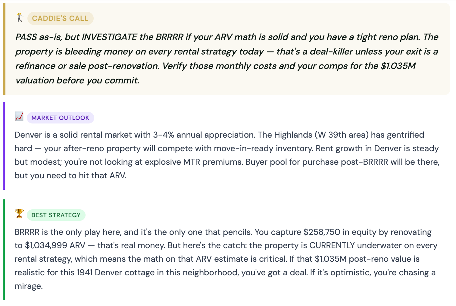 DealCaddie Caddie's Call analysis showing verdict, market outlook, best strategy, value-add, and red flags