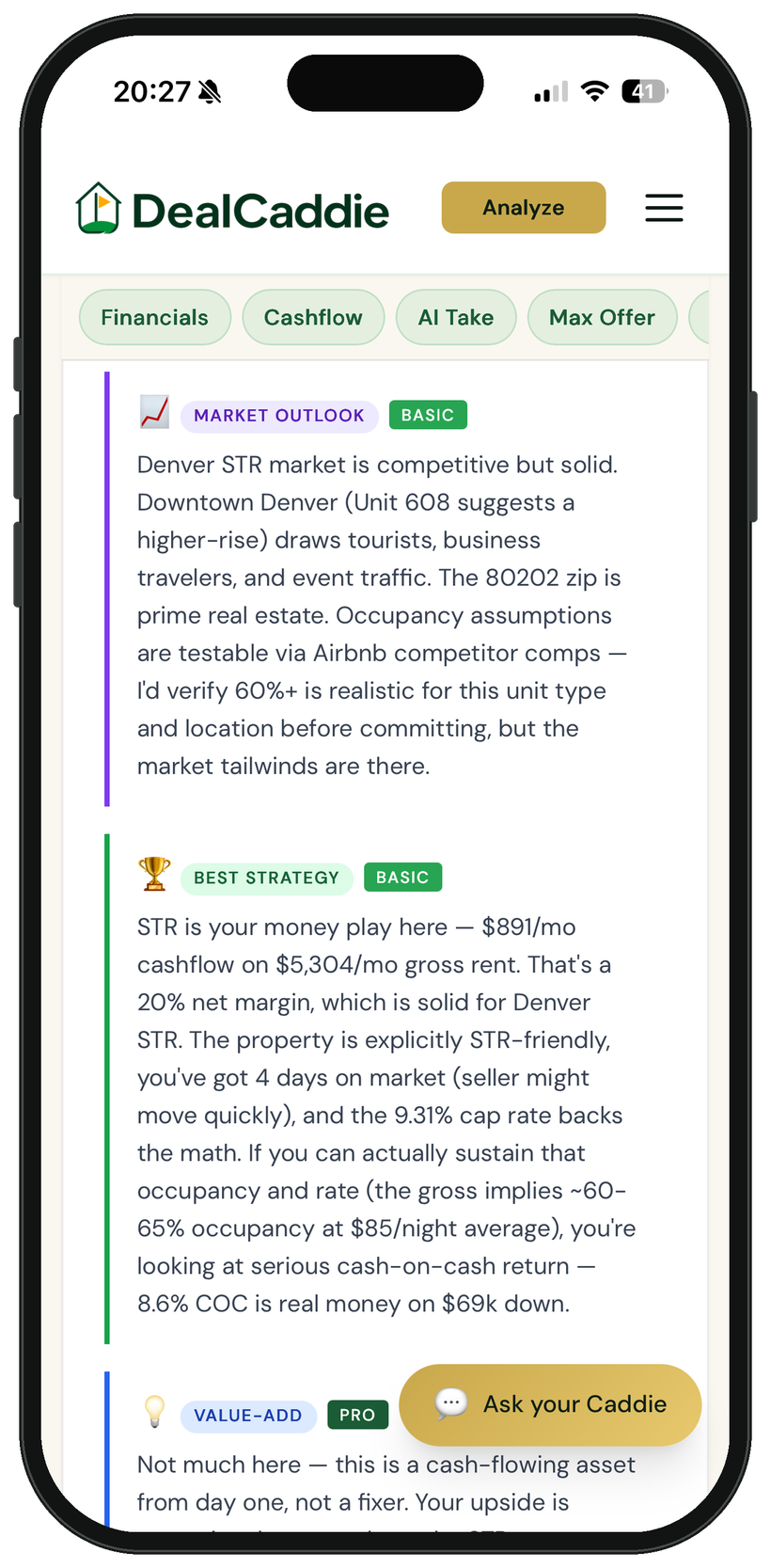 DealCaddie AI Caddie's Take: market outlook, best strategy, and value-add for a property