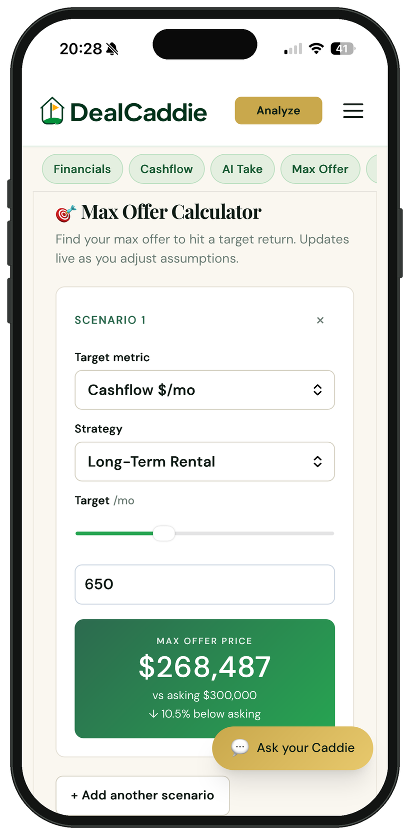 DealCaddie Max Offer Calculator showing a maximum purchase price for a target return