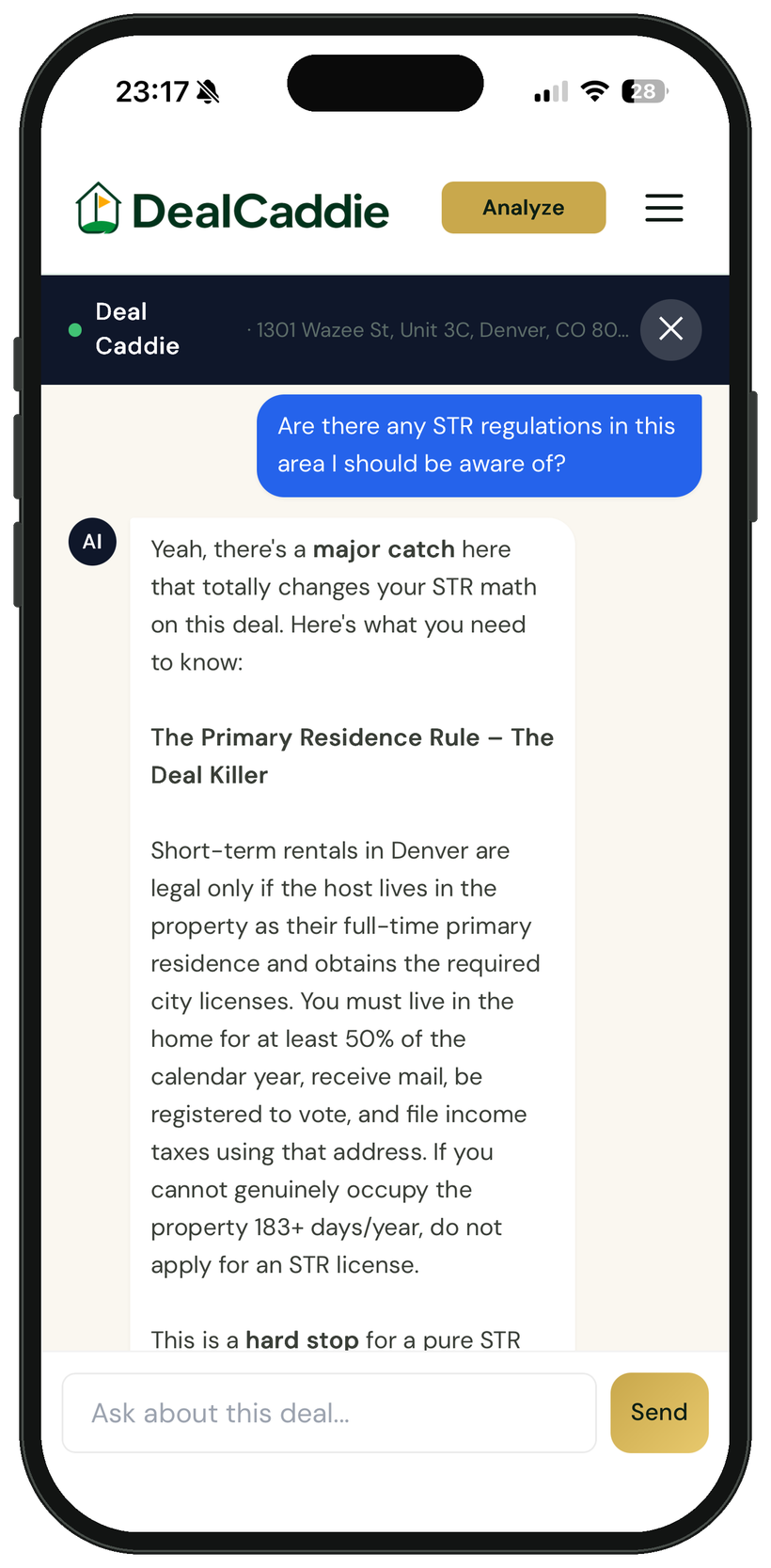 Ask Your Caddie chat answering a question about short-term-rental rules on a deal