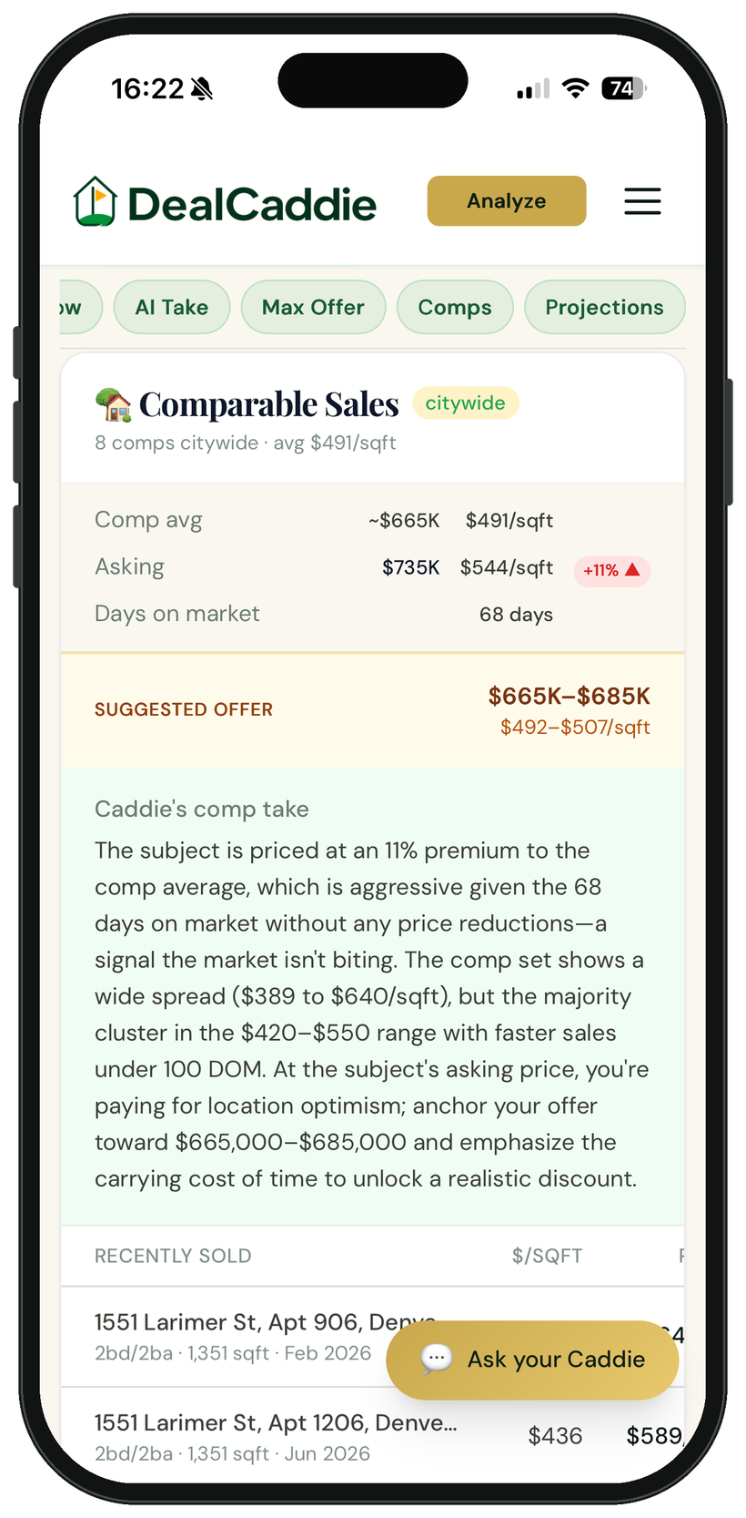 DealCaddie comparable sales with an AI-suggested offer range