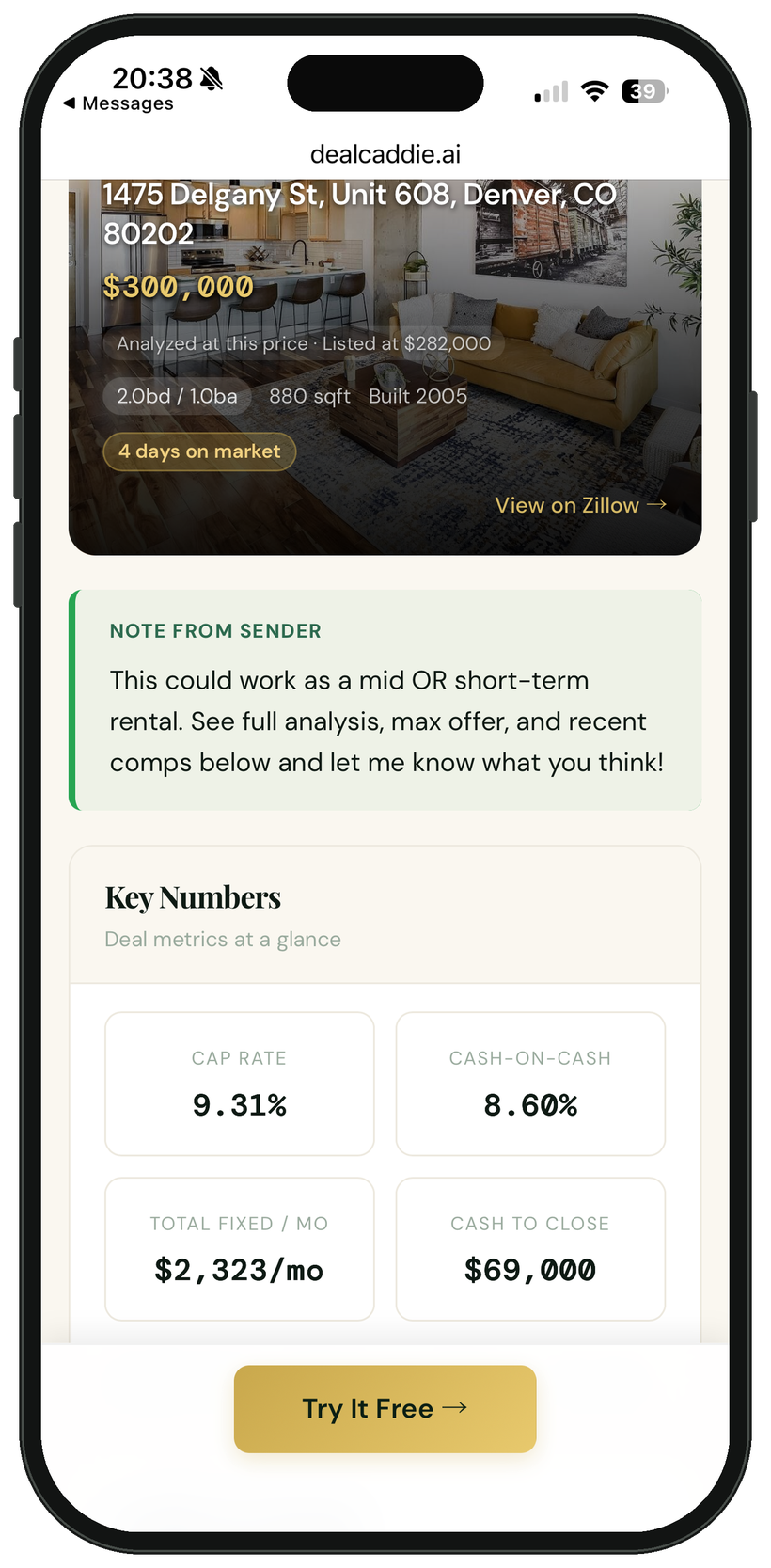 DealCaddie shareable deal link with full analysis and a personal note