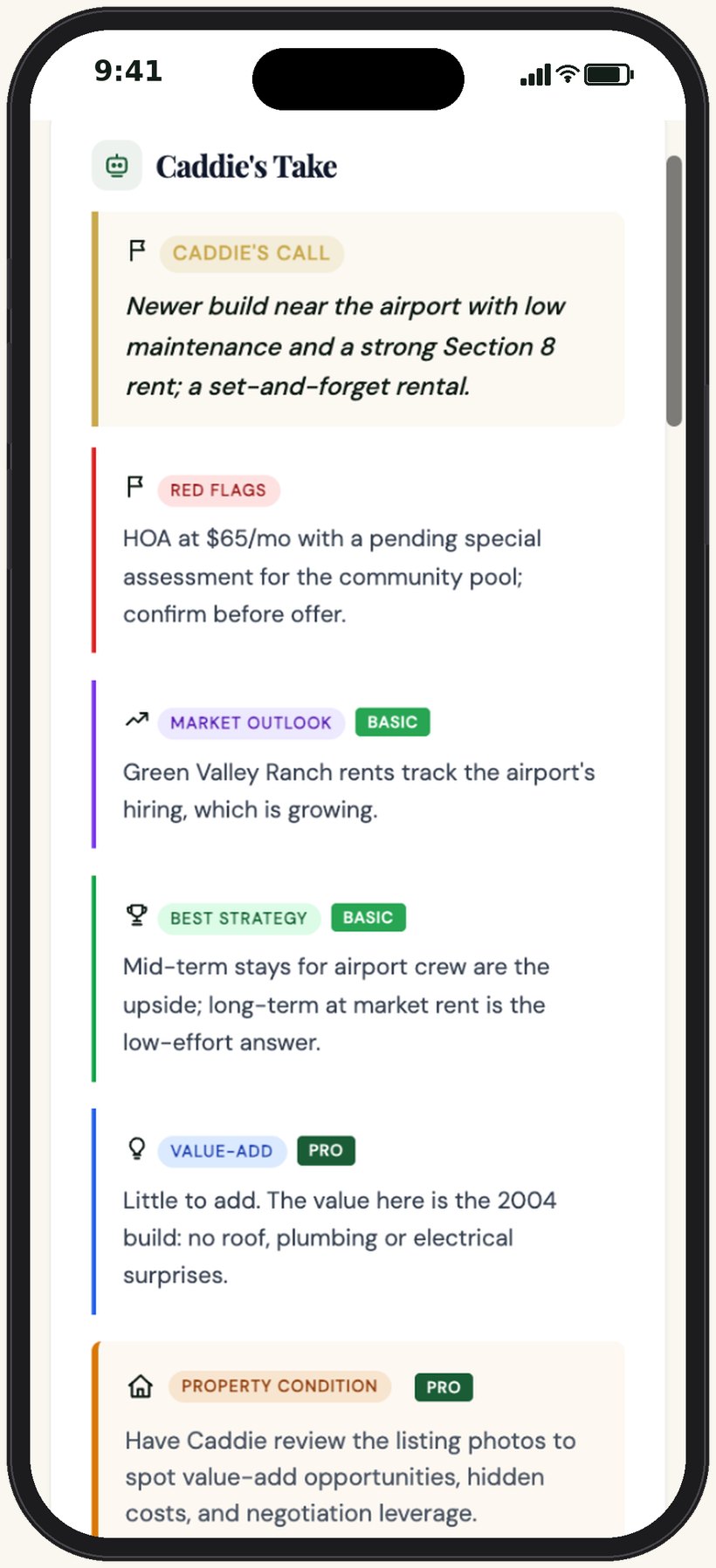DealCaddie AI Caddie's Take: market outlook, best strategy, and value-add for a property