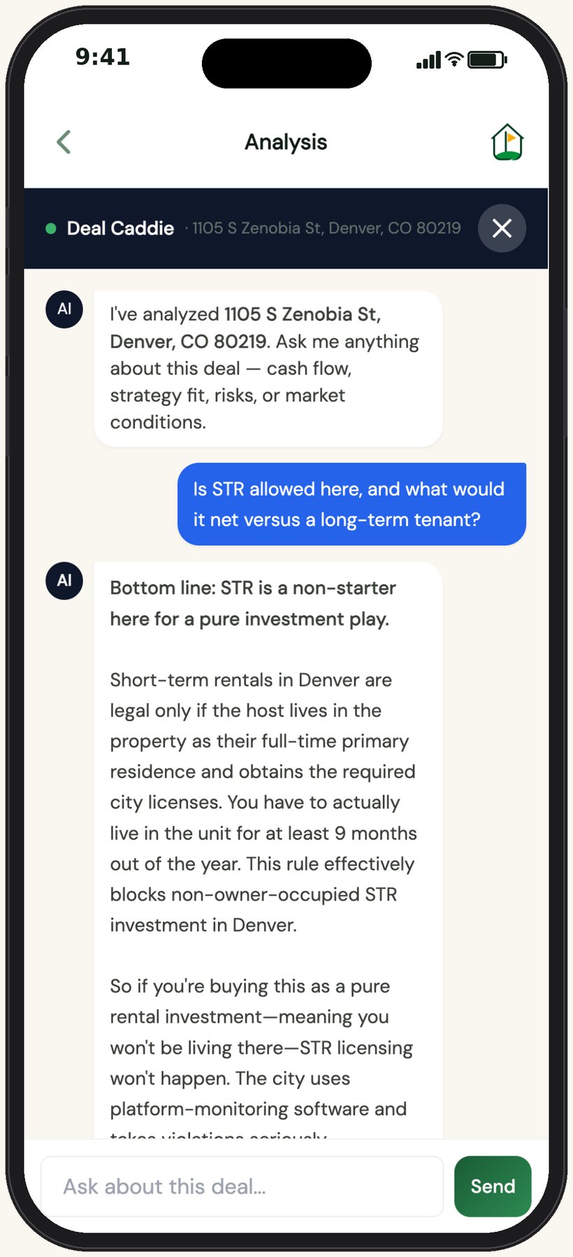 Ask Caddie chat answering whether short-term rental is allowed on this property and what it nets versus a long-term tenant