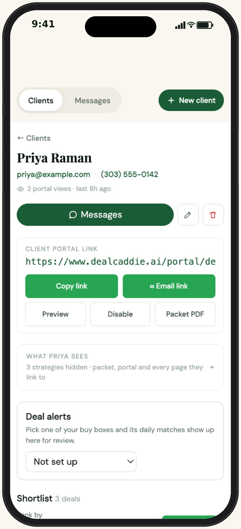 Per-client sharing controls: choose which strategies and sections this client sees