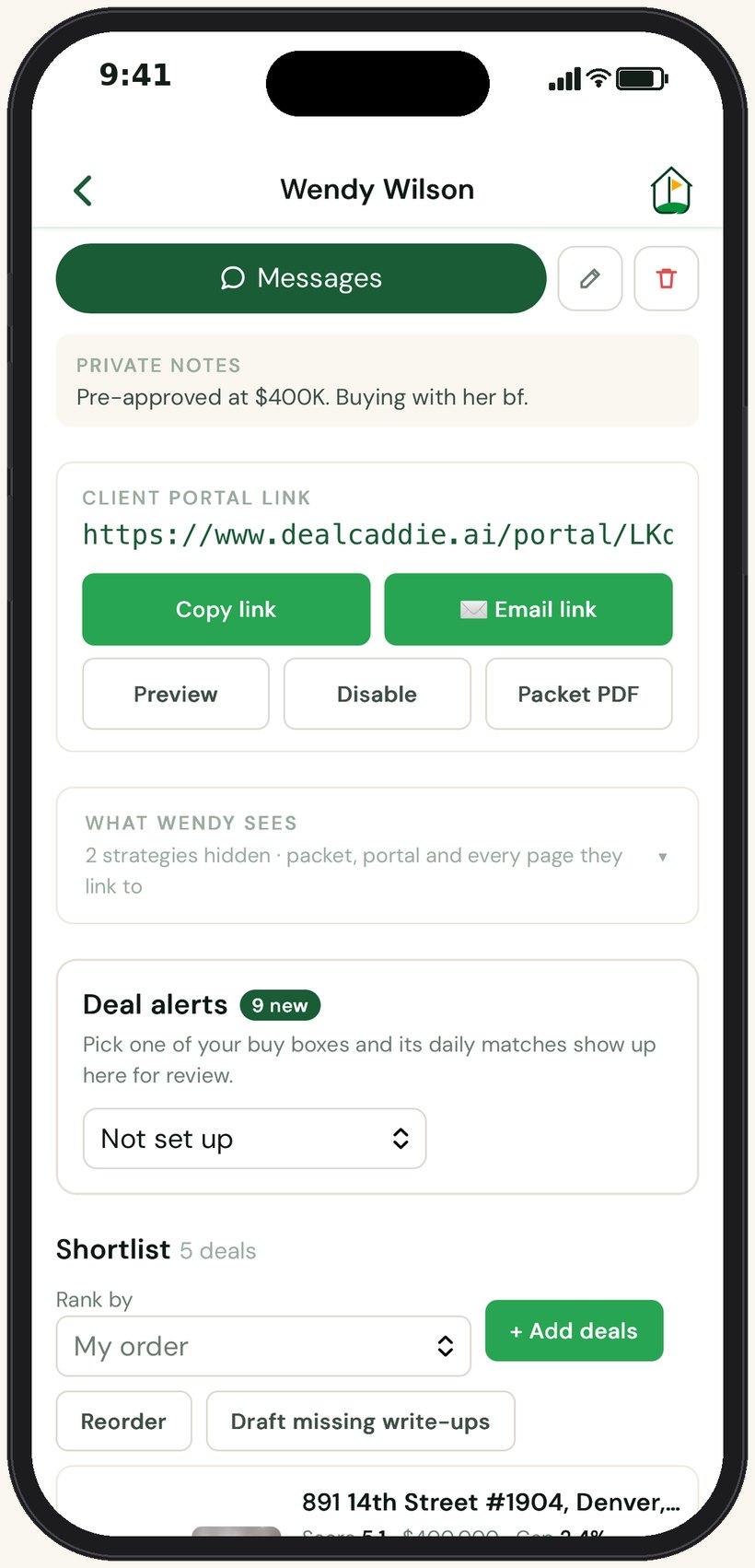 The agent's client page: messages, private notes, the client's portal link and packet, what the client sees, deal alerts and their ranked shortlist