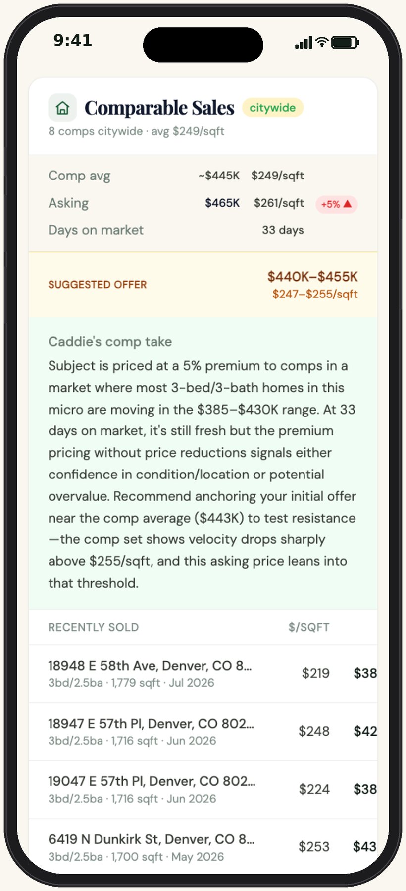 Comparable sales on a phone: comp average, asking price versus comps, a suggested offer range and Caddie's comp take