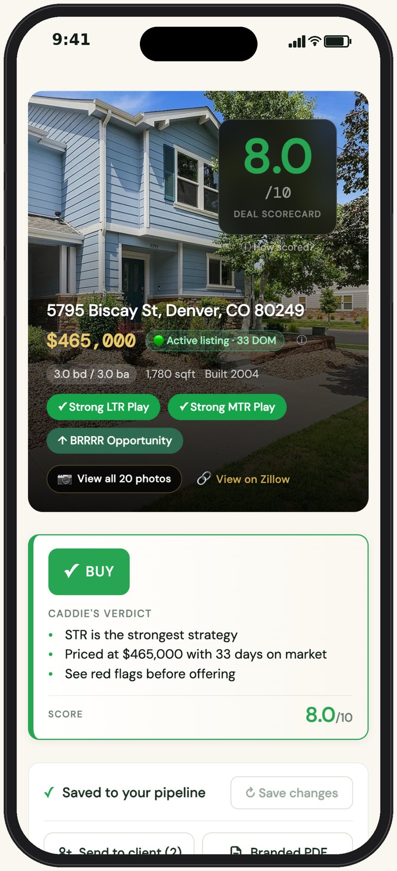 A DealCaddie analysis in the browser and on a phone: the listing photo, the 8.0 Deal ScoreCard, strategy badges and the BUY verdict