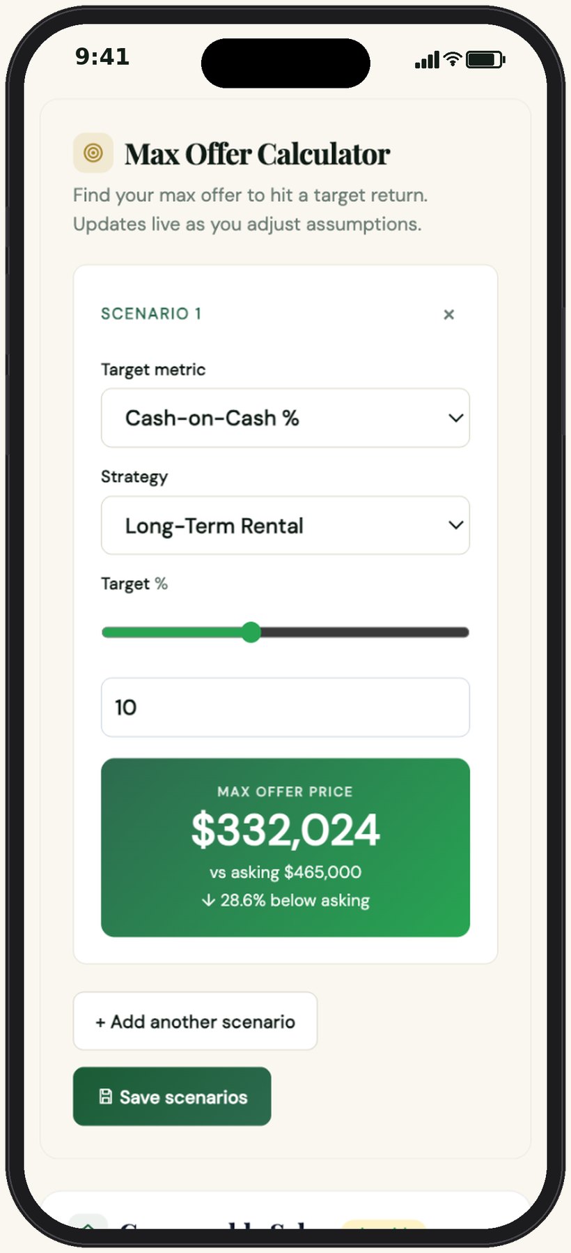 DealCaddie Max Offer Calculator showing a maximum purchase price for a target return