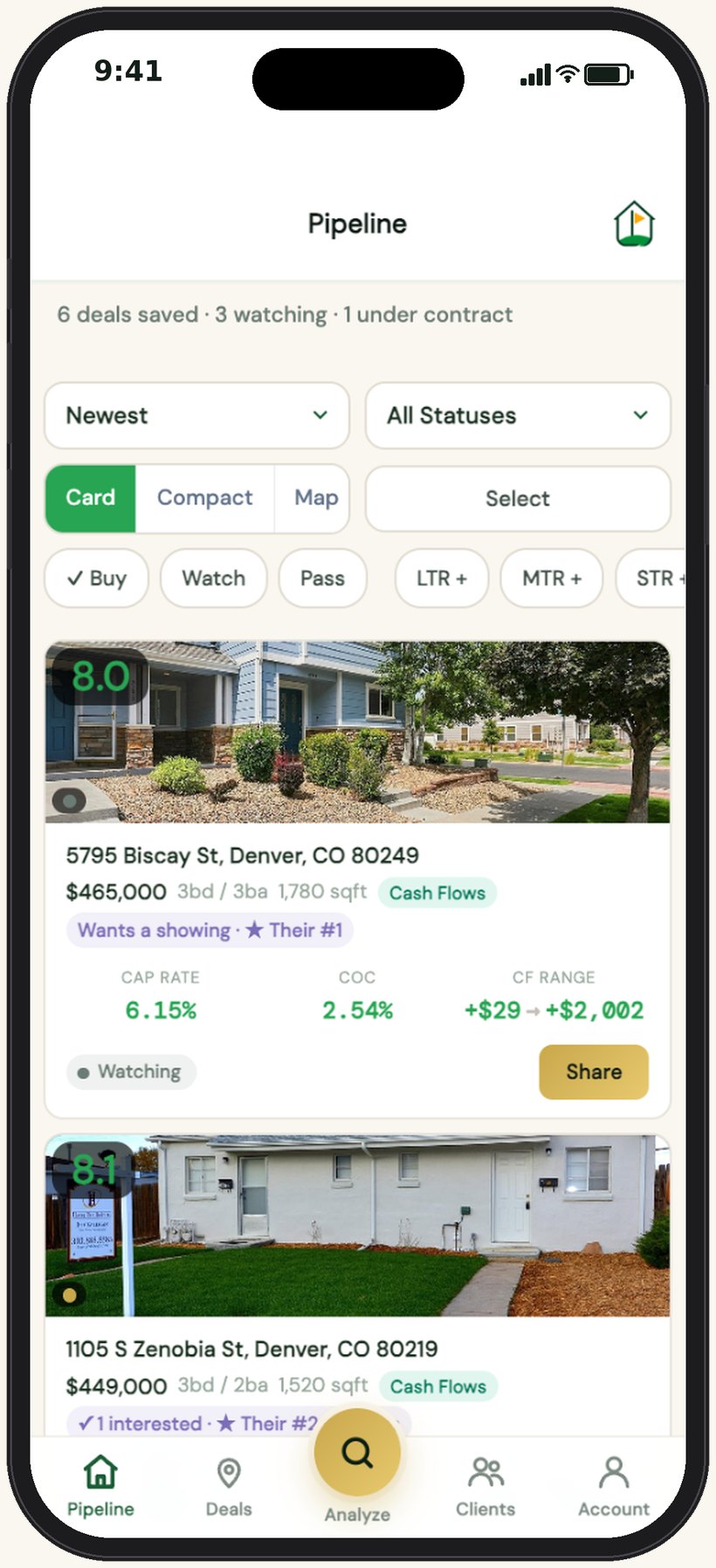 DealCaddie pipeline on a phone: saved deals with score, cap rate, cash-on-cash and cashflow range