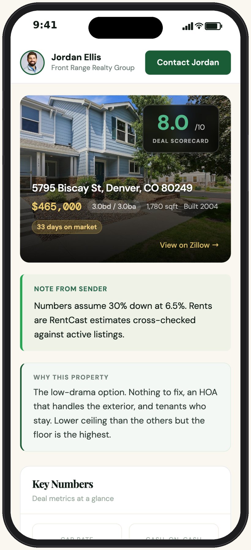 A shared DealCaddie analysis page on a phone with the agent's header, the property photo and the score
