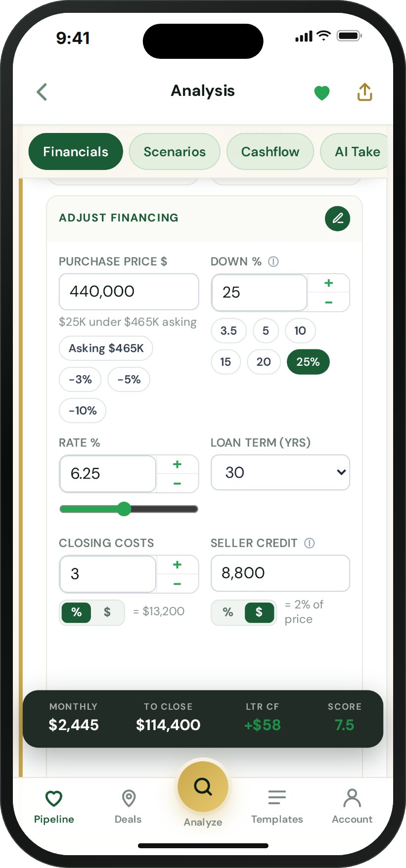 Adjusting financing on a phone with a bar pinned to the bottom showing the monthly payment, cash to close, long-term cash flow and Deal Score