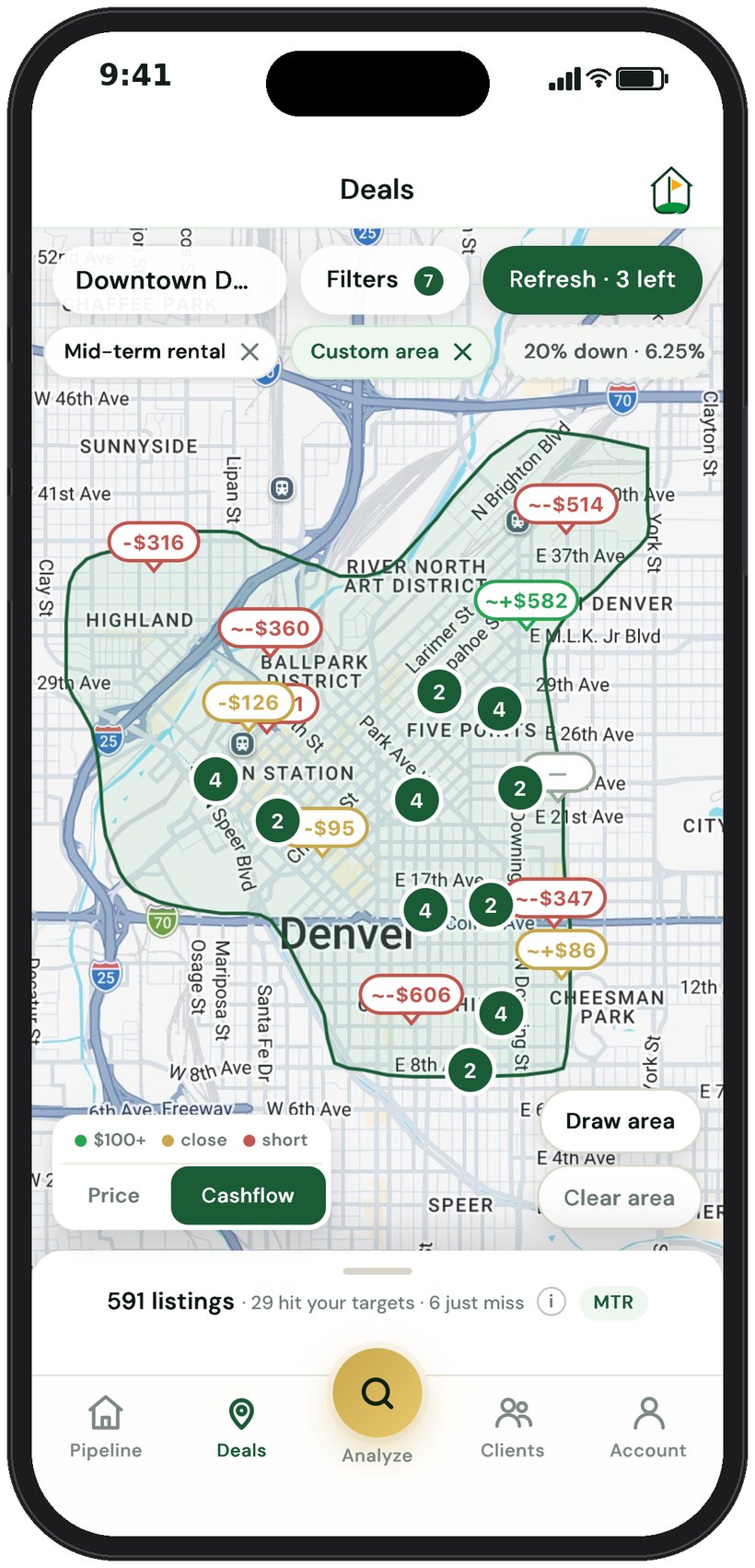 The Deals map in Cashflow mode: every listing in a drawn area pinned with its monthly cash flow, green for $100+, gold for close, red for short