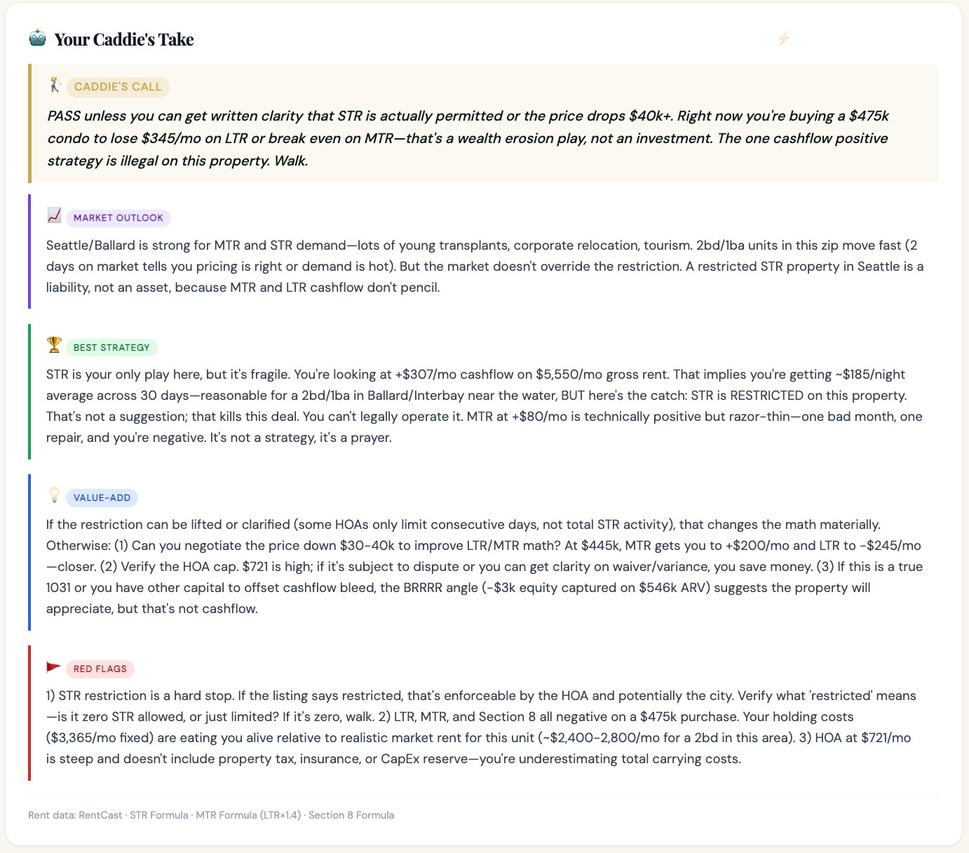 DealCaddie AI analysis showing Caddie's Call, Market Outlook, Best Strategy, and Red Flags