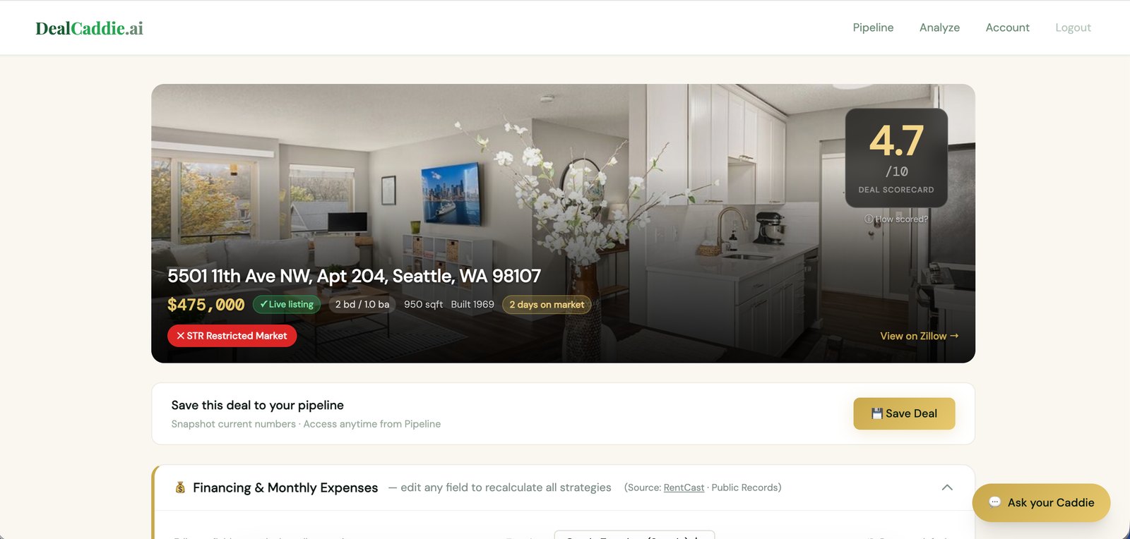 DealCaddie analysis page showing property photo and 4.7/10 deal score